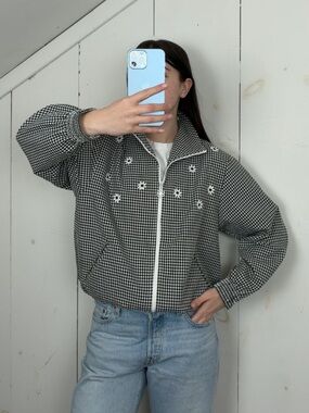 Vintage Zip Up Bomber Jacket Black White Gingham Flowers Lightweight Womens 10